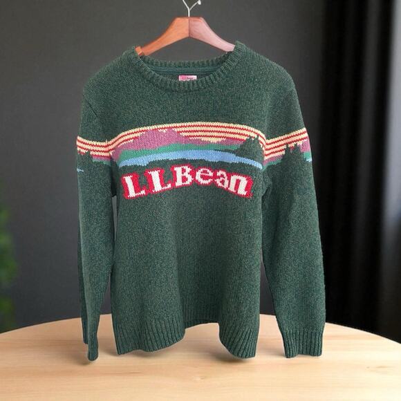 L.L. Bean Sweaters - LL Bean Sweater Katahdin Intarsia Knit Logo Spellout Green Lambswool Womens LG